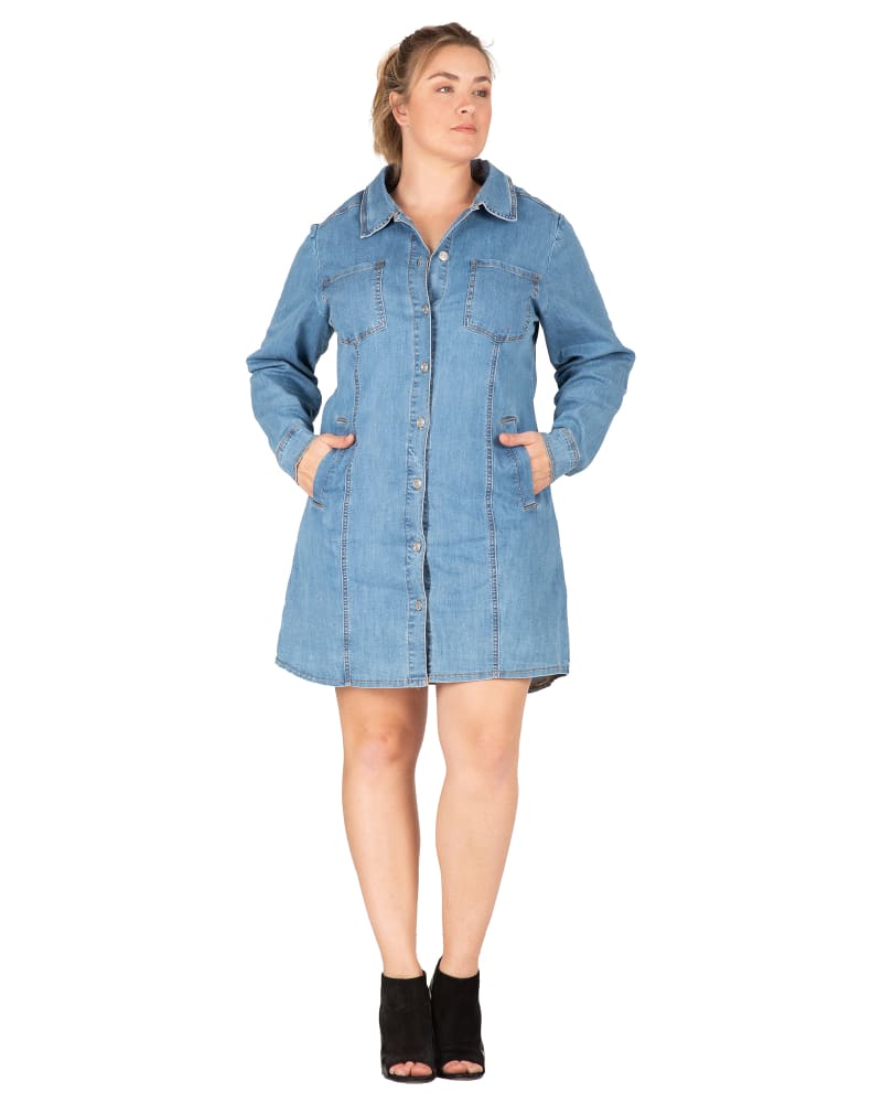 Front of a model wearing a size L Hadley Denim Shirt Dress in Medium Blue by Standards & Practices. | dia_product_style_image_id:276083